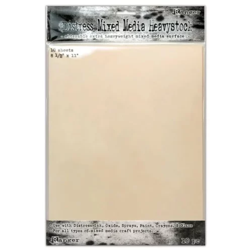 A single pack of Tim Holtz Distress Heavystock Mixed Media is shown vertically, in the center of the frame. The paper is in a clear plastic bag, with a printed header and footer. The Header has the Distress logo and product name printed on it. You can see the paper through the packaging. The top header has a hang tab that allows the pack to be hung. The image is center of the frame and on a white background.