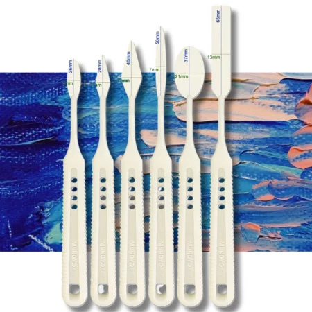 Mungyo Painting Palette Knife Set Small assorted sizes on a textured blue and pink background.