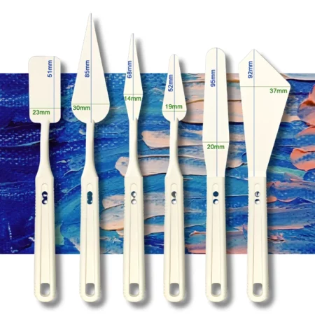 Mungyo Painting / Palette Knife Set Standard in packaging assorted sizes on a textured blue and pink background.