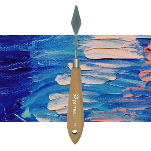 A single Prime Art Palette Knife PK02 is shown vertically, in the center of the frame. The palette knife has a shaped metal blade and a wooden handle. The Prime Art name is printed on the wooden handle. The image is center of the frame and on a textured blue and pink background.