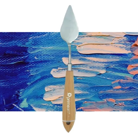 A single Prime Art Palette Knife PK07 is shown vertically, in the center of the frame. The palette knife has a shaped metal blade and a wooden handle. The Prime Art name is printed on the wooden handle. The image is center of the frame and on a textured blue and pink background.