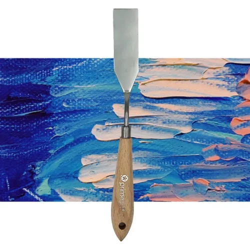 A single Prime Art Palette Knife PK11 is shown vertically, in the center of the frame. The palette knife has a shaped metal blade and a wooden handle. The Prime Art name is printed on the wooden handle. The image is center of the frame and on a textured blue and pink background.