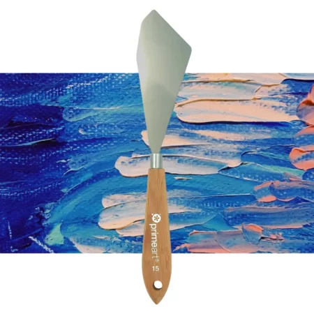 A single Prime Art Palette Knife PK15 is shown vertically, in the center of the frame. The palette knife has a shaped metal blade and a wooden handle. The Prime Art name is printed on the wooden handle. The image is center of the frame and on a textured blue and pink background.