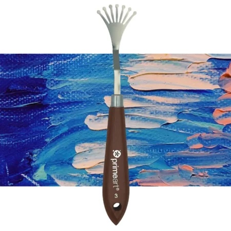 A single Prime Art Palette Knife is shown vertically, in the center of the frame. The palette knife has a shaped metal blade and a wooden handle. The Prime Art name is printed on the wooden handle. The image is center of the frame and on a textured blue and pink background.