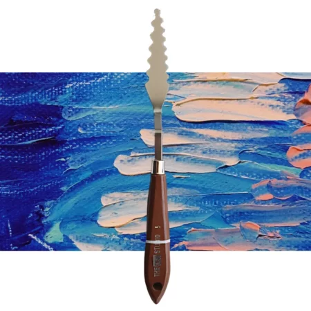 A single Prime Art Palette Knife is shown vertically, in the center of the frame. The palette knife has a shaped metal blade and a wooden handle. The Prime Art name is printed on the wooden handle. The image is center of the frame and on a textured blue and pink background.