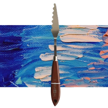 A single Prime Art Palette Knife is shown vertically, in the center of the frame. The palette knife has a shaped metal blade and a wooden handle. The Prime Art name is printed on the wooden handle. The image is center of the frame and on a textured blue and pink background.