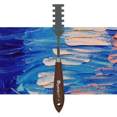 A single Prime Art Palette Knife is shown vertically, in the center of the frame. The palette knife has a shaped metal blade and a wooden handle. The Prime Art name is printed on the wooden handle. The image is center of the frame and on a textured blue and pink background.