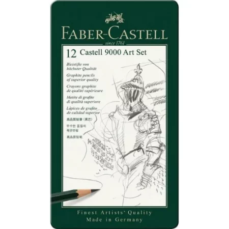 the green faber castell 9000 12 set tin is in the center of the image. the tin is green with a white centre. in the center of the tin is a pencil drawing of a knight on the right hand side and on the left hand side is writing with a description of what is inside the tin. On a white background