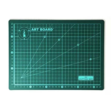 the A4 artboard cutting mat is green with white lines and markings. is is at the center of the image on a white background. The board has a grid pattern on it in white and the name of the brand is on the top left of it.