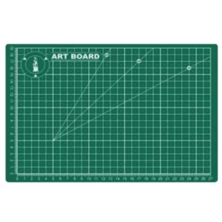 the A3 artboard cutting mat is green with white lines and markings. is is at the center of the image on a white background. The board has a grid pattern on it in white and the name of the brand is on the top left of it.