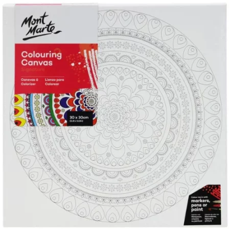 Mont Marte Colouring Canvas 30cm x 30cm: Mandala 2 is int he center of the image. the canvas has the picture drawn onto it in a black outline. the top right of the canvas has the logo patch with a description of the product. in red and a few other bright blue and yellow colours below it. on a white background