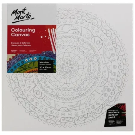 Mont Marte Colouring Canvas 30cm x 30cm: Mandala 1 is int he center of the image. the canvas has the picture drawn onto it in a black outline. the top right of the canvas has the logo patch with a description of the product. in red and a few other bright blue and yellow colours below it. on a white background