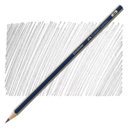 the Faber Castell Goldfaber Drawing Pencil is sitting diagonally across the screen. the nib of the pencil is on the bottom left of the image and the end of the pencil is a t the top right of the image. the pencil is blue and silver striped and it is infront of a shaded background showing the gradient of the pencil. it is at the center of the image on a white background