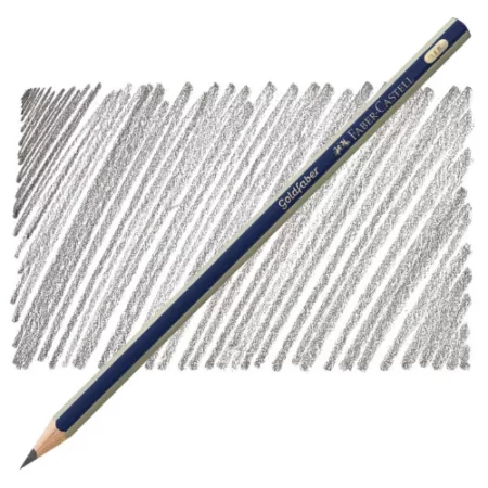 the Faber Castell Goldfaber Drawing Pencil is sitting diagonally across the screen. the nib of the pencil is on the bottom left of the image and the end of the pencil is a t the top right of the image. the pencil is blue and silver striped and it is infront of a shaded background showing the gradient of the pencil. it is at the center of the image on a white background