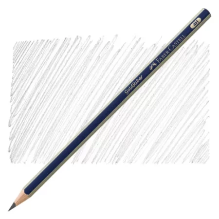 the Faber Castell Goldfaber Drawing Pencil is sitting diagonally across the screen. the nib of the pencil is on the bottom left of the image and the end of the pencil is a t the top right of the image. the pencil is blue and silver striped and it is infront of a shaded background showing the gradient of the pencil. it is at the center of the image on a white background