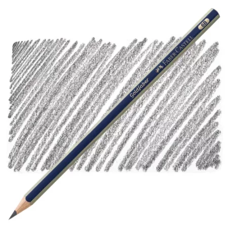 the Faber Castell Goldfaber Drawing Pencil is sitting diagonally across the screen. the nib of the pencil is on the bottom left of the image and the end of the pencil is a t the top right of the image. the pencil is blue and silver striped and it is infront of a shaded background showing the gradient of the pencil. it is at the center of the image on a white background