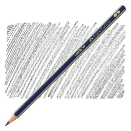 the Faber Castell Goldfaber Drawing Pencil is sitting diagonally across the screen. the nib of the pencil is on the bottom left of the image and the end of the pencil is a t the top right of the image. the pencil is blue and silver striped and it is infront of a shaded background showing the gradient of the pencil. it is at the center of the image on a white background