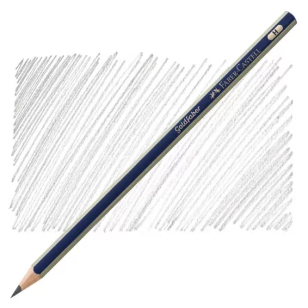 the Faber Castell Goldfaber Drawing Pencil is sitting diagonally across the screen. the nib of the pencil is on the bottom left of the image and the end of the pencil is a t the top right of the image. the pencil is blue and silver striped and it is infront of a shaded background showing the gradient of the pencil. it is at the center of the image on a white background