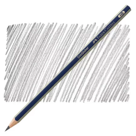 the Faber Castell Goldfaber Drawing Pencil is sitting diagonally across the screen. the nib of the pencil is on the bottom left of the image and the end of the pencil is a t the top right of the image. the pencil is blue and silver striped and it is infront of a shaded background showing the gradient of the pencil. it is at the center of the image on a white background