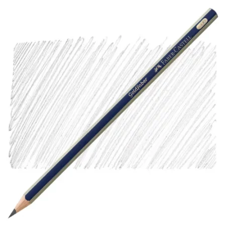 the Faber Castell Goldfaber Drawing Pencil is sitting diagonally across the screen. the nib of the pencil is on the bottom left of the image and the end of the pencil is a t the top right of the image. the pencil is blue and silver striped and it is infront of a shaded background showing the gradient of the pencil. it is at the center of the image on a white background