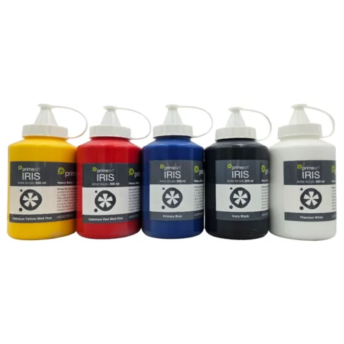 There are 5 tubs of Iris Acrylic Paint 500ml lined up next to each other across the center of the frame. The tubs have a white plastic flip cap and a clear plastic body, so you can see the coloured paint through the plastic. There is a label on the front of each bottle that is black and white and has the Prime Art logo printed on it, as well as the product details and colour. Each tub contains a different primary colour of paint, as well as black and white. The image is center of the frame and on a white background.