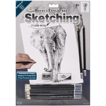 Royal Langnickel Sketch By Numbers: Elephant is in the center of the image. the packaging is a grey brown colour and there is a hand on the left hand side drawing a picture of the barn. there are pencils in the packaging below the hand. on a white background