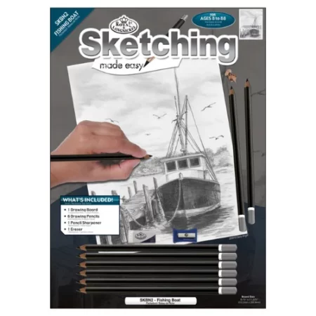 Royal Langnickel Sketch By Numbers: Fishing Boat is in the center of the image. the packaging is a grey brown colour and there is a hand on the left hand side drawing a picture of the barn. there are pencils in the packaging below the hand. on a white background