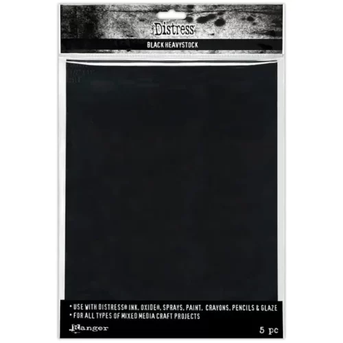 A single pack of Tim Holtz Distress Heavystock Black is shown vertically, in the center of the frame. The paper is in a clear plastic bag, with a printed header and footer. The Header has the Distress logo and product name printed on it. You can see the paper through the packaging. The top header has a hang tab that allows the pack to be hung. The image is center of the frame and on a white background.