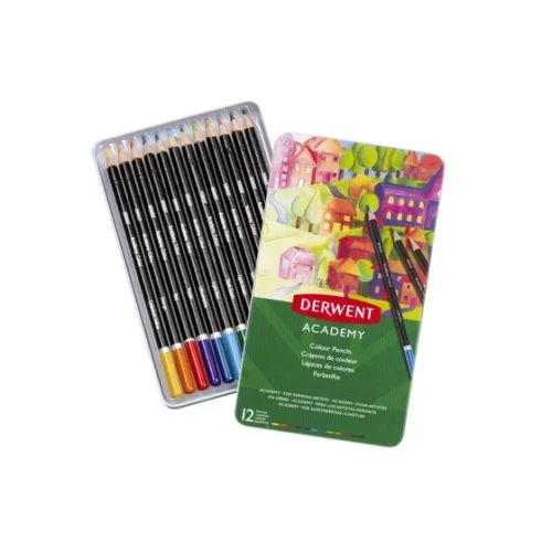 Set of 12 Derwent Academy Coloured Pencils Open Tin