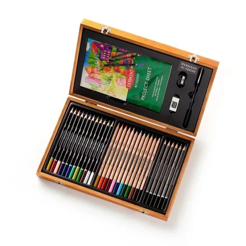 Derwent Academy Coloured Pencil Set Wooden Gift Box Open