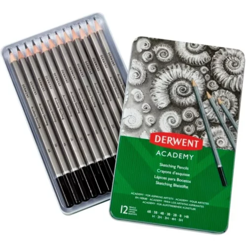 Derwent Academy Sketching Set in Tin 12 Pieces Open Tin