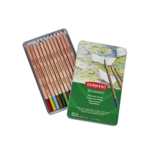 Set of 12 Derwent Academy Watercolour Pencils Open Tin