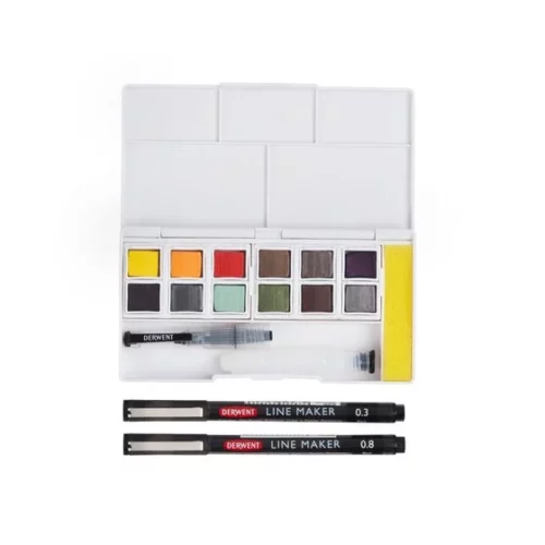 Derwent Line & Wash Watercolour Paint Pan Set Open set with pens