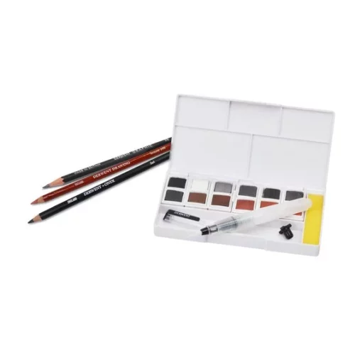 Derwent Shade & Tone Watercolour Paint Pan Set open with pencils