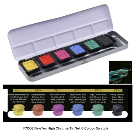 Snake FineTec Pearlescent High Chroma Watercolour Set Open Tin with colour swatch