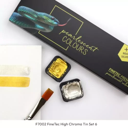 Snake FineTec Pearlescent High Chroma Watercolour Set Open Pans and colour swatch