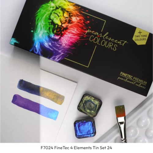 Lion FineTec Pearlescent 4 Elements Watercolour Set Open Paint Pans with Colour Swatch