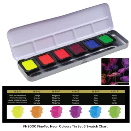 Octopus FineTec Pearlescent Neon Watercolour Set Open Tin and Colour Swatch