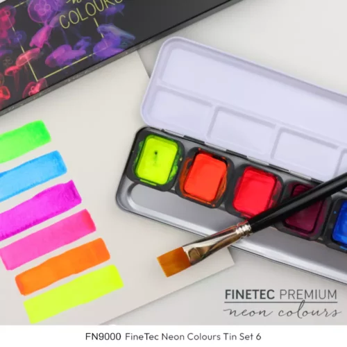 Octopus FineTec Pearlescent Neon Watercolour Set Open Tin and Colour Swatch