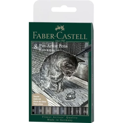 Faber Castell Pitt Artist Pen Set Black & Grey - wallet of 8 in packaging