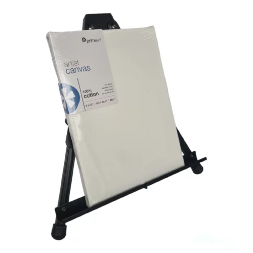 Prime Art Black Aluminum Table Easel Side Angled View with canvas