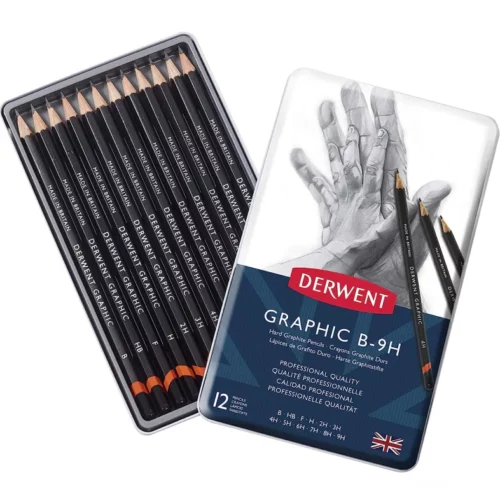 B - 9H Derwent Graphic Pencil Set Hard Displayed open tin