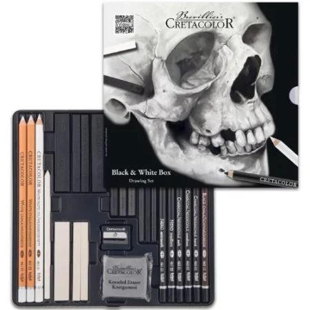 on the top right is the box cover with a big picture of a skull in black and white. on the bottom left is the open tin with all of the pencils stacked vertically inside