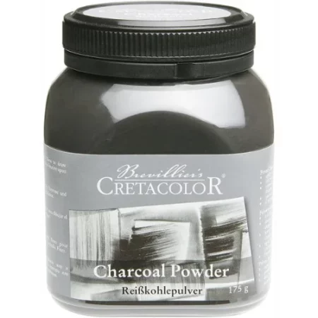 the tub of charcoal powder is in the cnter of the image. the lid is black and the label is grey with the product name written on it. there is a light hitting the tub and causing a shine on the front of it