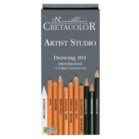 picture is at the centre of the image. it is a grey box standing vertically. the name of the product is at the top and the pictures of the pencils are at the bottom. from left to right there is a paper stump, brown coloured pencils and 3 black coloured pencils
