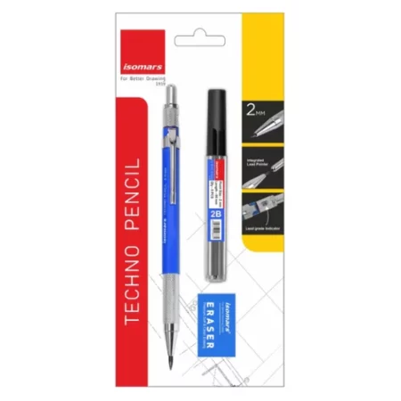 card holding the pencil is at the center of the image. yellow stripe down the right hand side of the card. red stripe down the left hand side of the card. the blue techno pencil is at the center on the left of the lead refill in the center. the blue eraser is at the bottom of the lead refill.