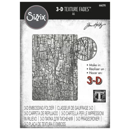 There is a single Cracked by Tim Holtz 3D Sizzix Texture Fade Embossing Folder in the center of the frame in it's packaging. It is a front on view. There is an image of the design on the embossing folder on the front of the packaging. There is a circle of a close up of the texture and text on the front of the packaging. On a white background.