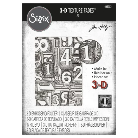 There is a single Numbered by Tim Holtz 3D Sizzix Texture Fade Embossing Folder in the center of the frame in it's packaging. It is a front on view. There is an image of the design on the embossing folder on the front of the packaging. There is a circle of a close up of the texture and text on the front of the packaging. On a white background.
