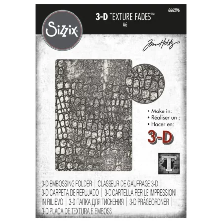 There is a single Reptile by Tim Holtz 3D Sizzix Texture Fade Embossing Folder in the center of the frame in it's packaging. It is a front on view. There is an image of the design on the embossing folder on the front of the packaging. There is a circle of a close up of the texture and text on the front of the packaging. On a white background.