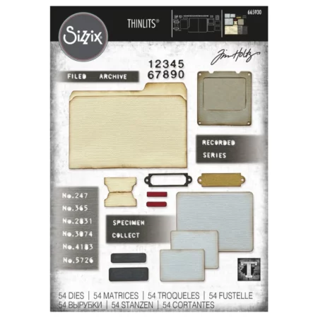 There is a full pack of Speciman by Tim Holtz Sizzix Thinlits Die in the center of the frame. Front on view of the set. There are images of the die on the front of the set. The image is center of the frame and on a white background.